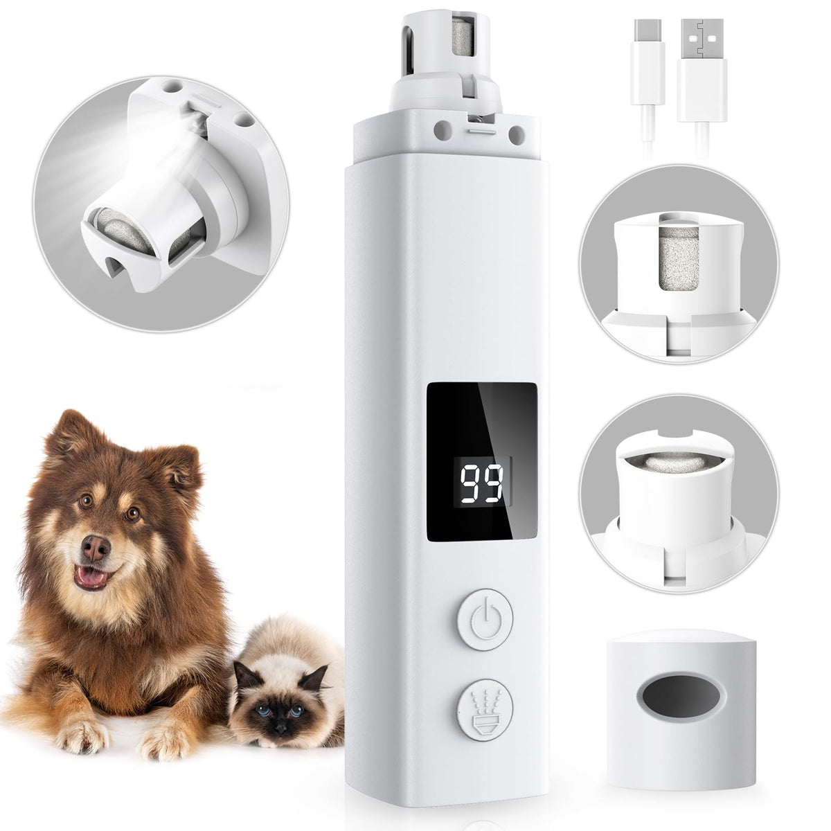 QuietPaws Elite Dog Nail Grinder - USB Rechargeable with 4 Speeds, LED Light